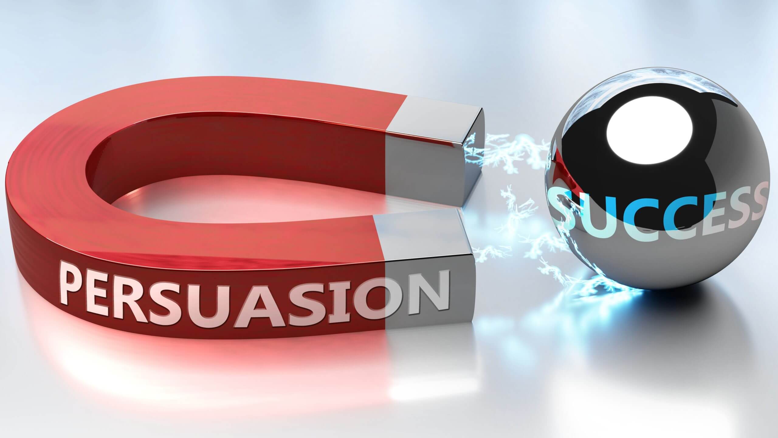 This image shows the word “persuasion” written on a red and gray magnet that is pointed towards a black and white ball marked with the word “success.”
