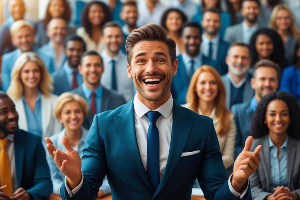 This image was created using AI Canva. It depicts a smiling businessman and an appreciative audience.
