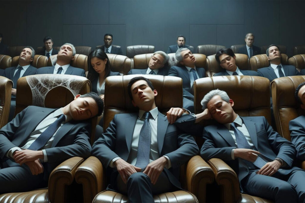 This image is an AI Canva Subscriber Generated Image that shows an audience of bored businesspersons.
