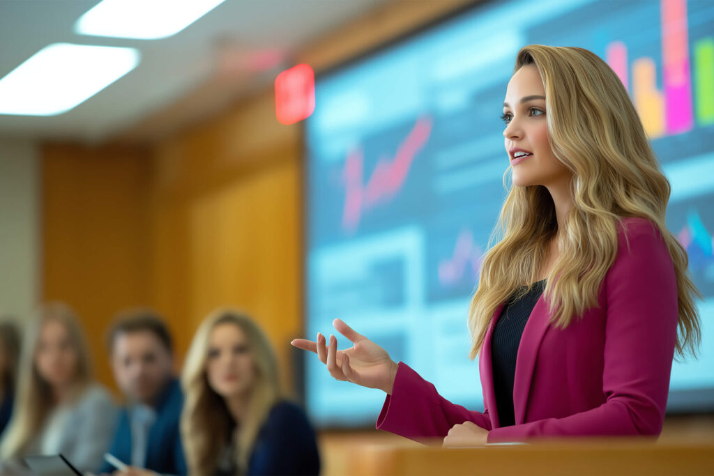 This image shows a businesswoman in a purple suit. She is using charts and other types of data visuals to engage her audience.
