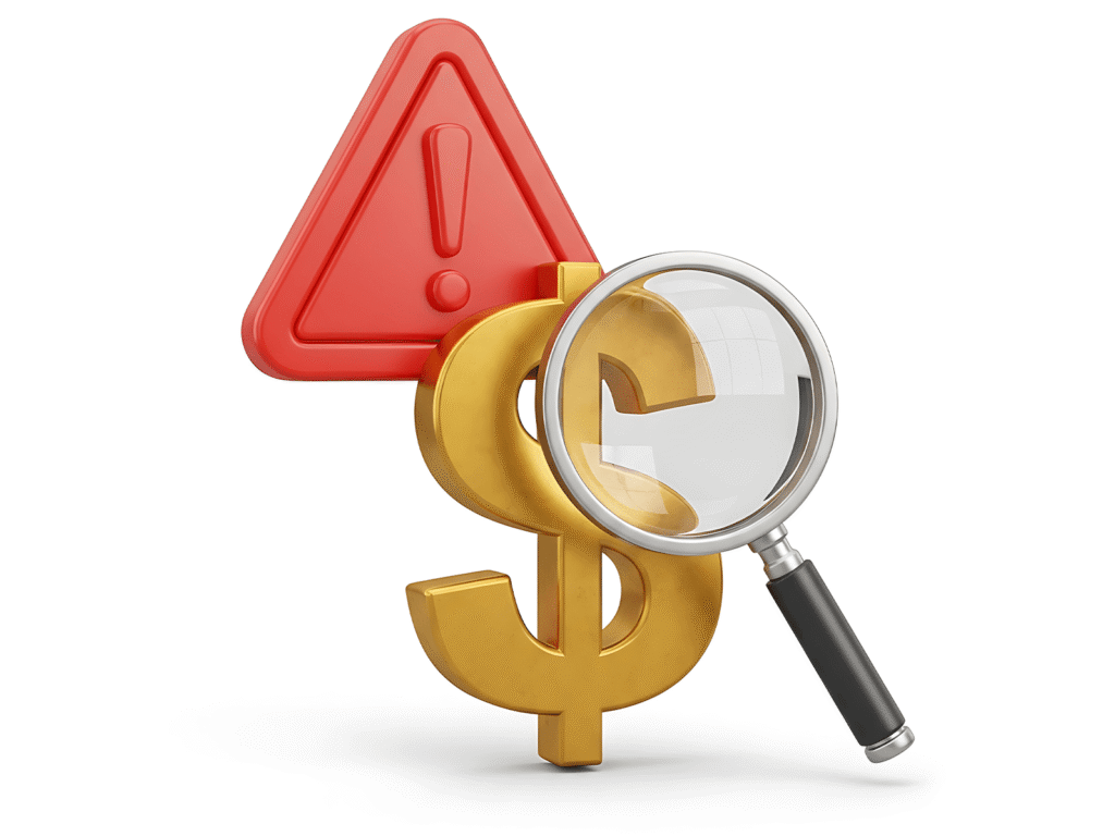 graphic of a magnifying glass over a dollar sign in front of a warning icon