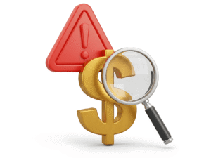 graphic of a magnifying glass over a dollar sign in front of a warning icon