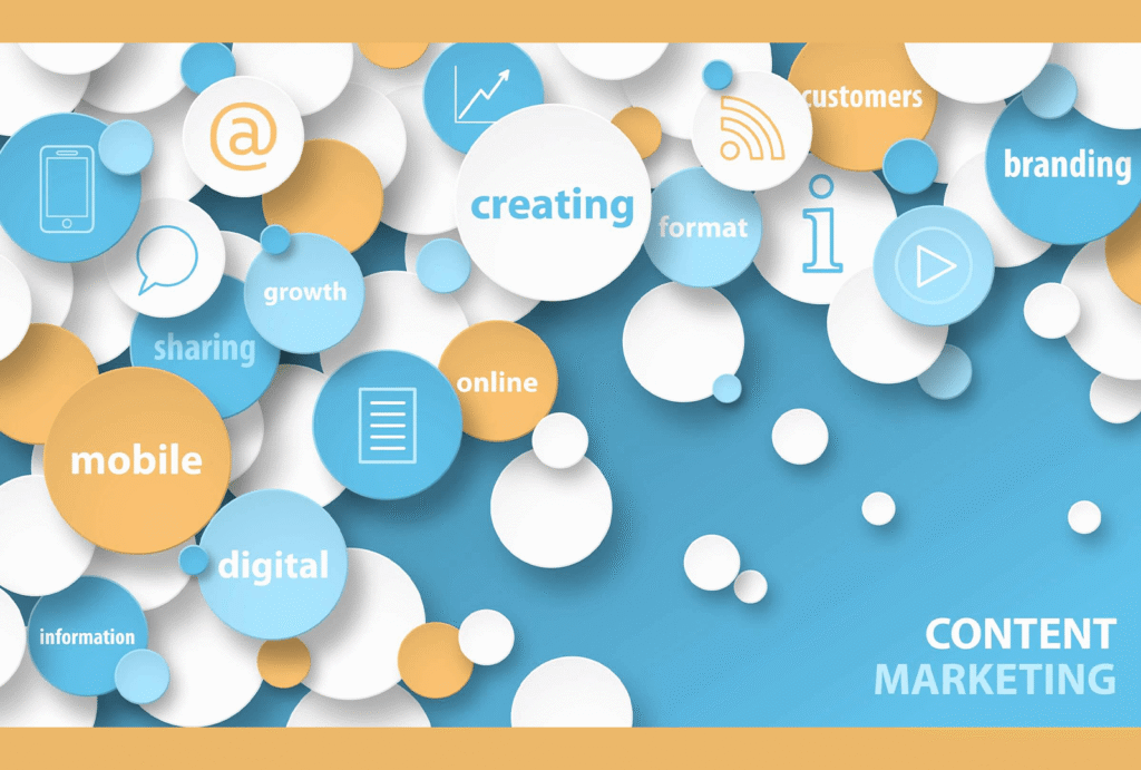 This image shows blue and white bubbles with words that relate to the concept of content marketing such as “branding” and “digital.”