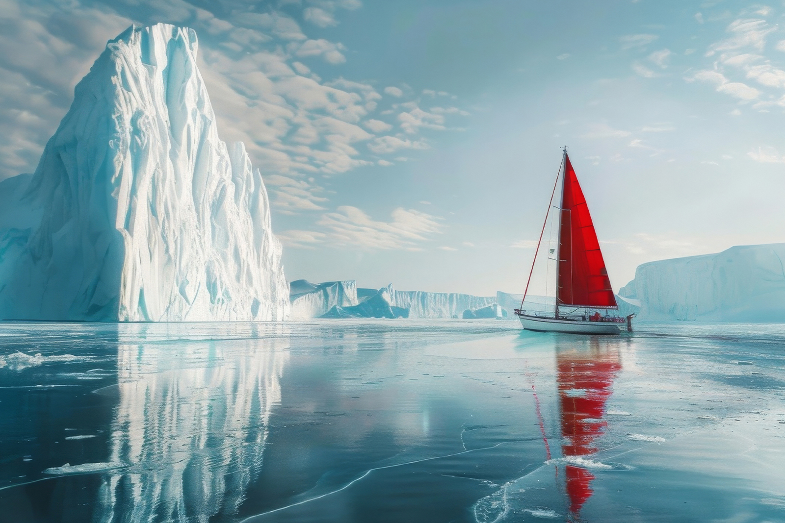 Icebergs and a red sailboat