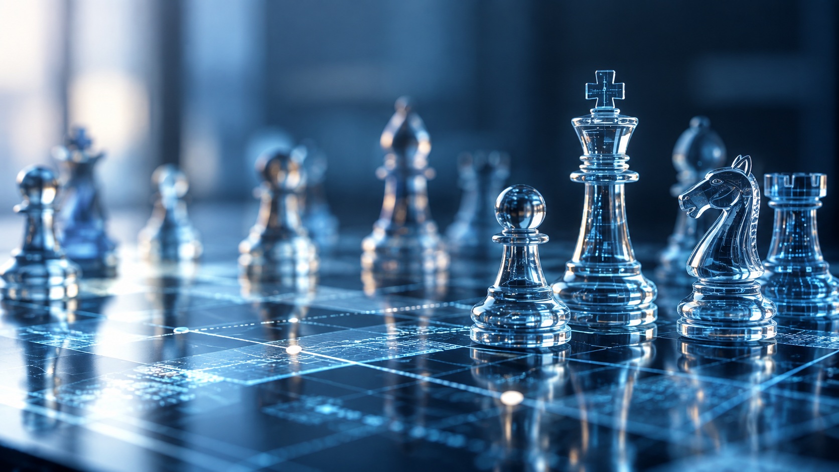 clear chess pieces on a futuristic looking board