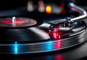 This image shows a stereo turntable with a black vinyl record being played.