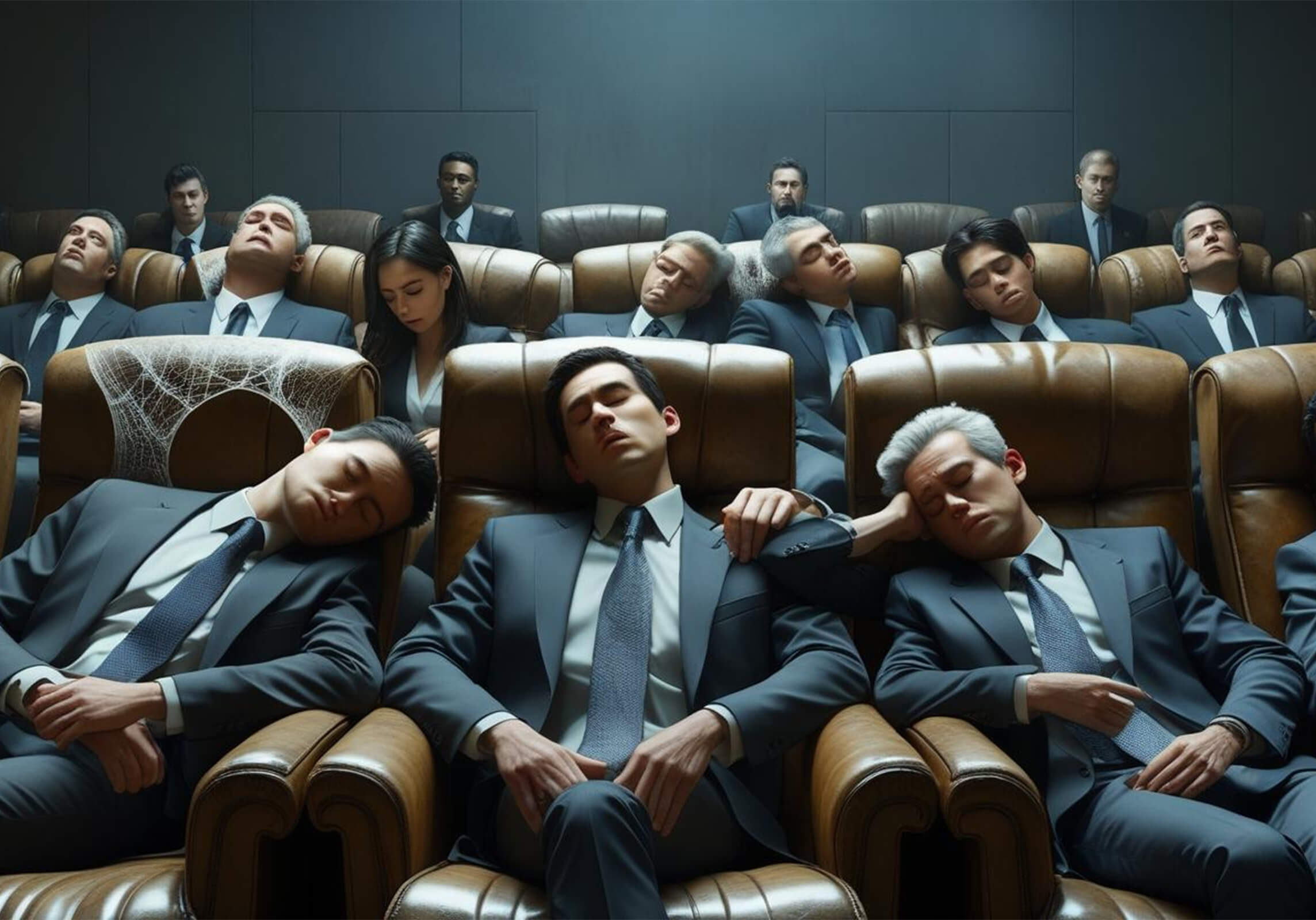This image is an AI Canva Subscriber Generated Image that shows an audience of bored businesspersons.
