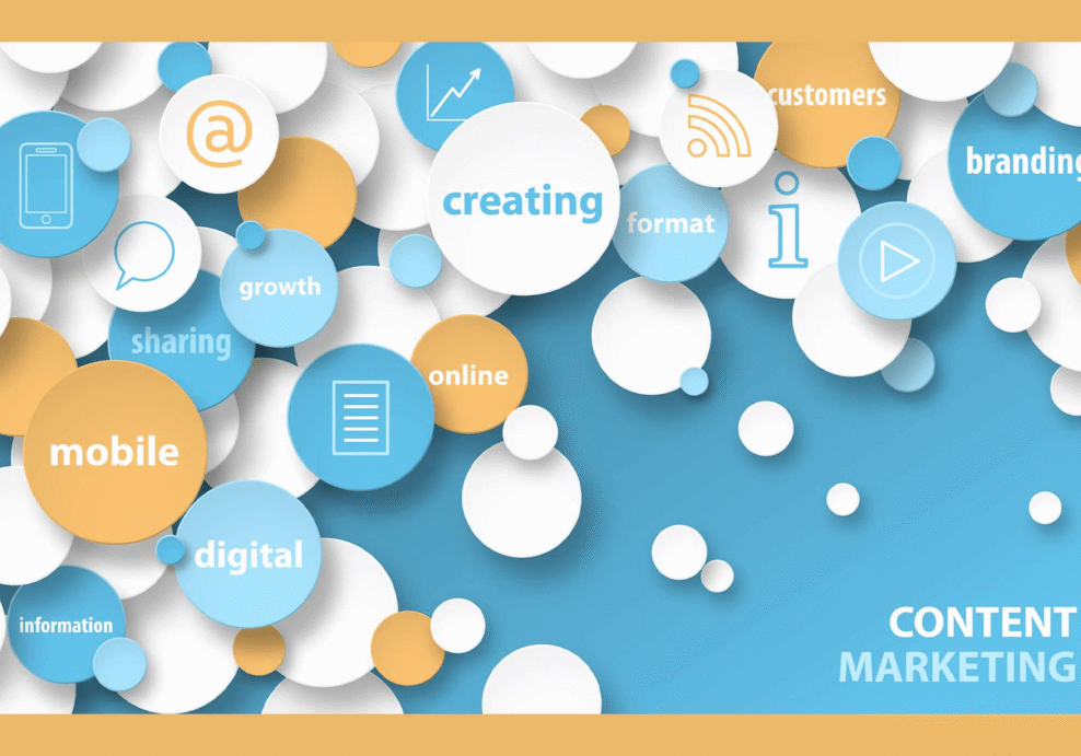 This image shows blue and white bubbles with words that relate to the concept of content marketing such as “branding” and “digital.”