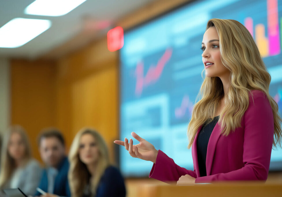 This image shows a businesswoman in a purple suit. She is using charts and other types of data visuals to engage her audience.