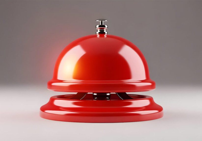 This image shows a red hotel reception desk bell.
